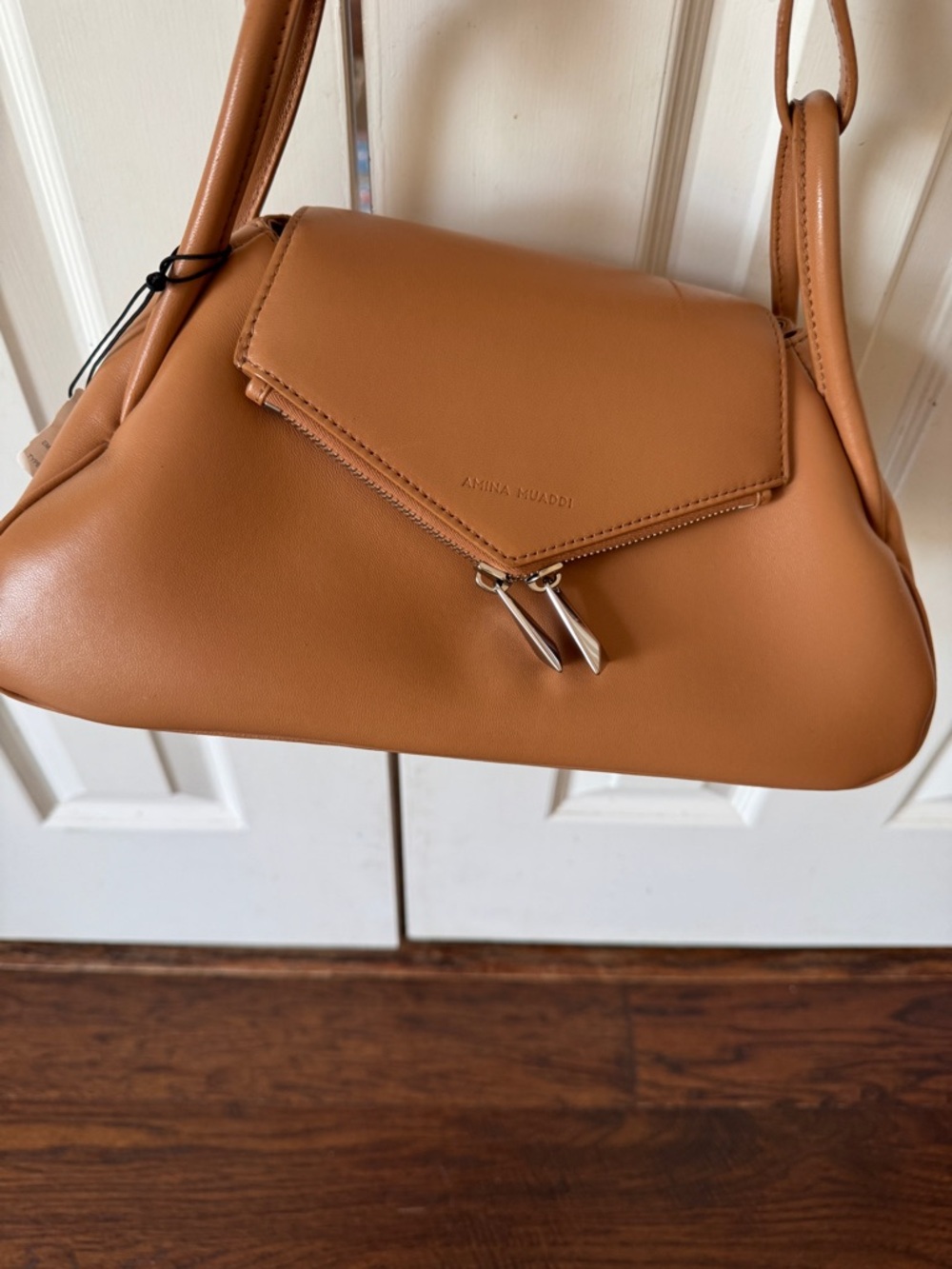 Amina Muaddi Camel/Tan Leather Shoulder Bag with Envelope Flap